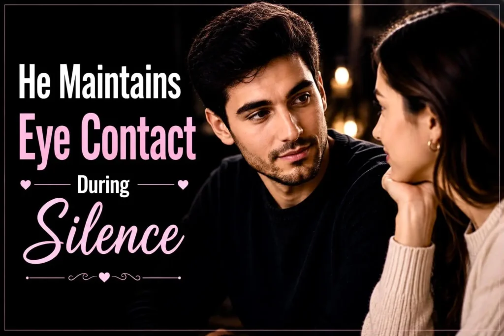 He maintains eye contact during silence, a possible sign of comfort, attraction, and emotional connection